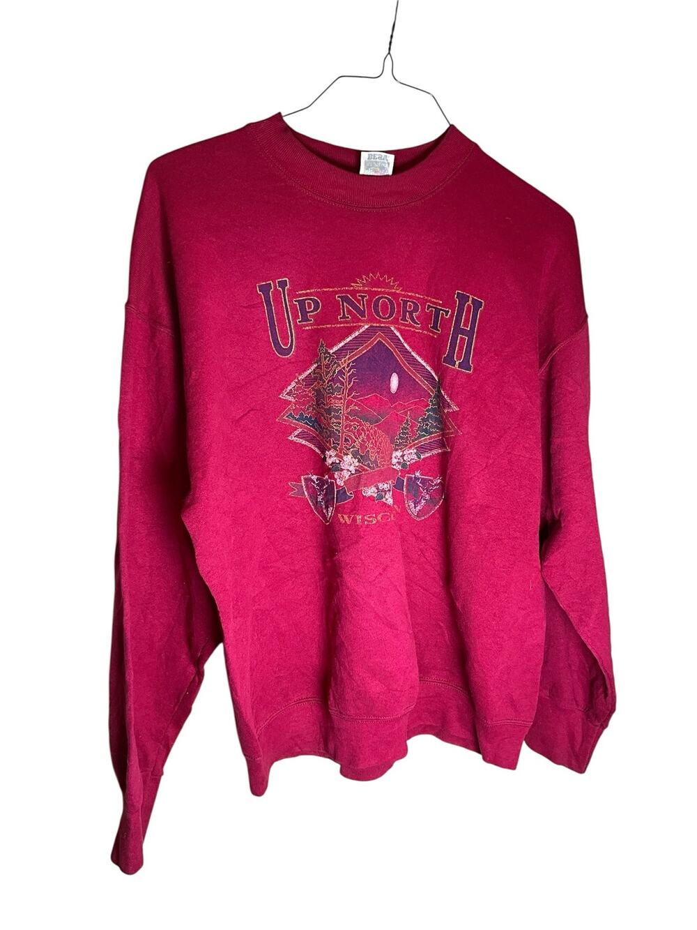 Vintage Fruit of the Loom Sweatshirt Womens L Burgundy Upnorth Wisconsin Graphic